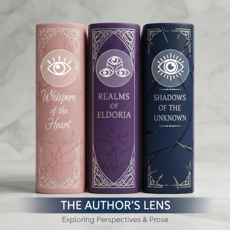 Featured image for blog post about genre and point of view showing three colorful book spines representing romance, fantasy, and thriller genres with transparent POV indicator icons (single eye for first person, multiple eyes for third person, all-seeing symbol for omniscient) overlaid on each.