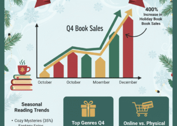 Infographic showing Q4 book sales spike with statistics on holiday reading trends, including ebook gift cards, audiobook growth, and December sales increases for authors