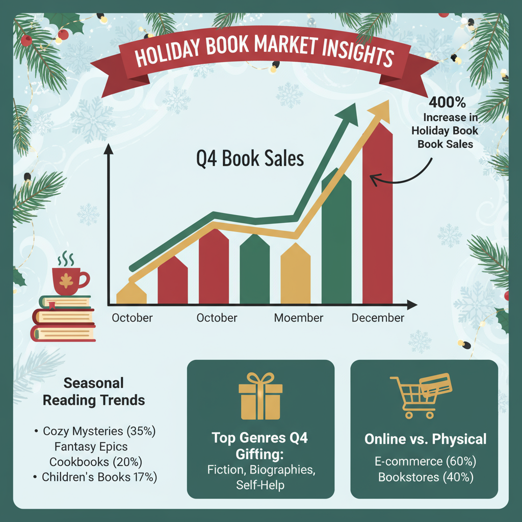 Infographic showing Q4 book sales spike with statistics on holiday reading trends, including ebook gift cards, audiobook growth, and December sales increases for authors