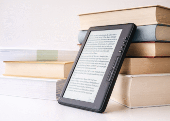 Stack of physical books placed next to a digital tablet e-reader, illustrating the paper versus screen reading comparison