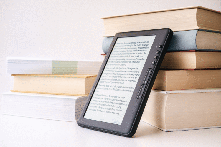 Stack of physical books placed next to a digital tablet e-reader, illustrating the paper versus screen reading comparison