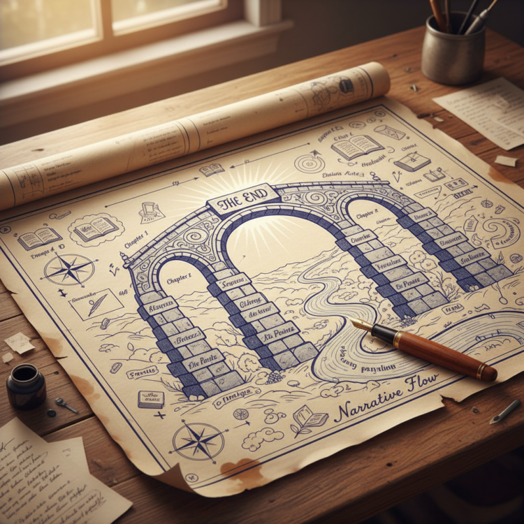 A stylized blueprint of a book's arc, looking like a bridge with "The End" as the keystone.