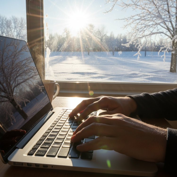 A dynamic first-person perspective of hands typing quickly on a laptop against a bright, crisp winter morning backdrop, symbolizing writing momentum.