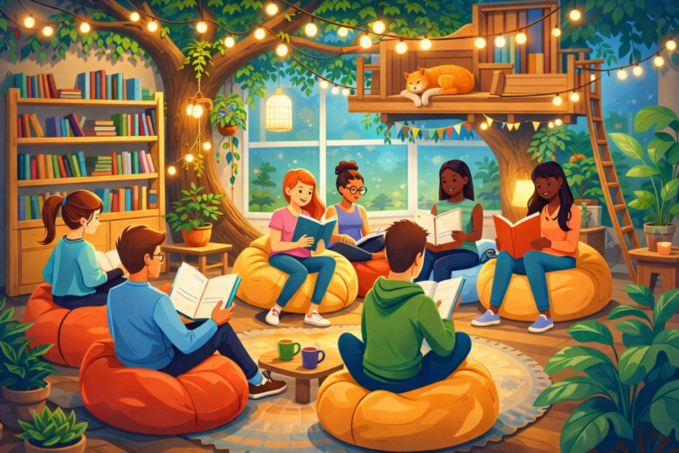 Diverse Group of Students Engaged in a Book Club Meeting