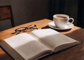 Atmospheric close-up of open book with candlelight and warm lighting, evoking the emotional intensity of cliffhanger-driven reading