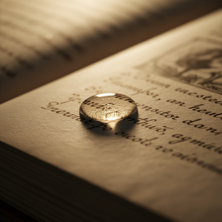 Single teardrop on manuscript page captured in beautiful light representing authentic and precious reader emotion when writing tragic endings