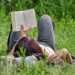 Woman reading book on grass in summer relaxation resembling emotional pacing in storytelling