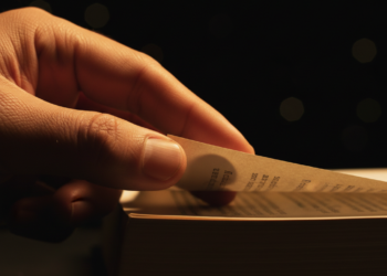 Dramatic close-up of fingers turning the first page of a book in warm golden light — capturing the split-second when 27.9% of readers decide to buy or walk away