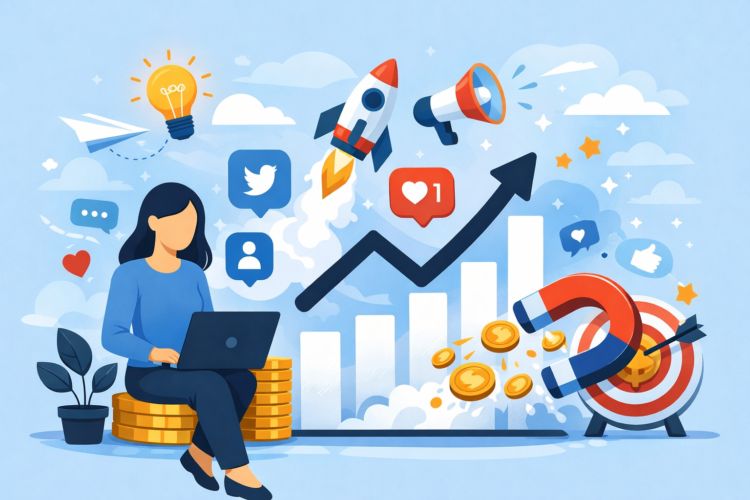 Woman working on a laptop surrounded by social media icons and an upward growth chart, symbolizing the answer to Do Authors Need to Post Daily?