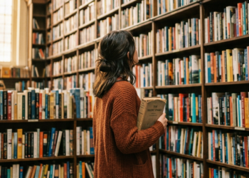 A person clutching a single trusted book while standing before a towering wall of bookshelves filled with thousands of unread titles, symbolizing why readers do not try new authors