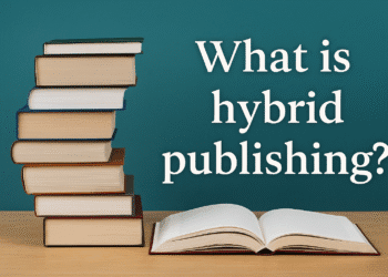 Stack of books with an open book and the question "What is hybrid publishing?" representing the concept of modern and traditional publishing merging