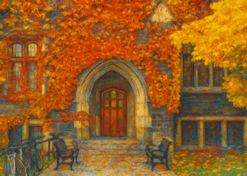 Autumn ivy climbs the facade of a gothic stone college building during golden hour capturing the visual essence of dark academia.