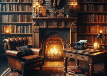 Atmospheric study featuring vintage typewriter, leather armchair, fireplace, and candlelit bookshelves perfect for how to create atmosphere in writing