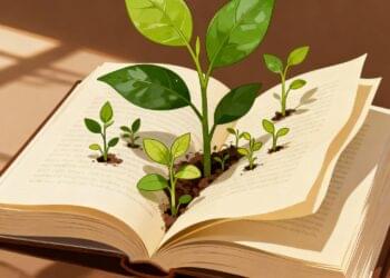 Open book with vibrant green leaves and small plants sprouting from its pages, symbolizing the growth of sustainable book publishing practices