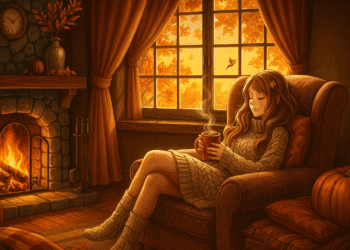 Woman in cozy sweater reading by fireplace with autumn foliage visible through windows