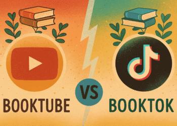 BookTube vs BookTok comparison graphic featuring YouTube and TikTok logos with lightning bolt VS symbol