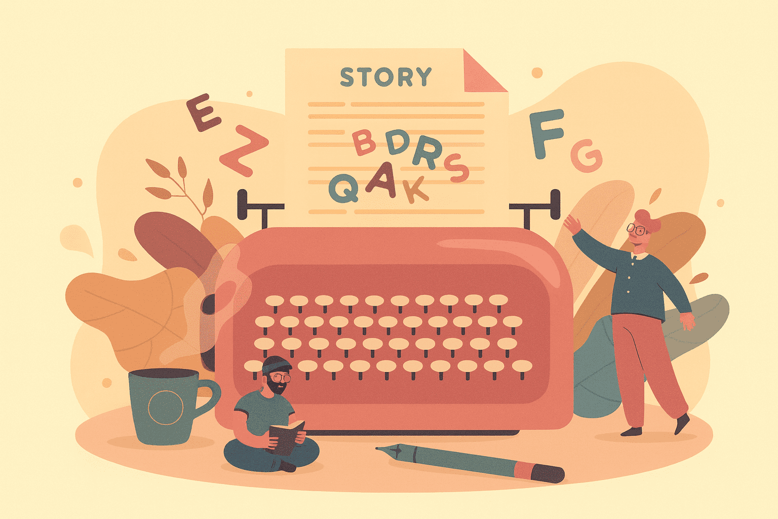 Colorful illustration of a classic typewriter with 'STORY' on the paper and floating letters, surrounded by two diverse cartoon characters—one reading a book and another reaching toward the typewriter—representing inclusive fiction writing and writing neurodivergent characters