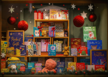 Festive bookstore window display featuring holiday-themed books arranged in pyramid formation with red gift bows, ornaments, and seasonal decorations, illustrating successful seasonal book marketing