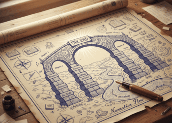 A stylized blueprint of a book's arc, looking like a bridge with "The End" as the keystone.