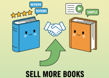 Playful illustration of a reviews book and a samples book working together to increase book sales.