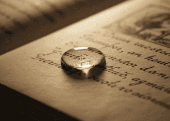 Single teardrop on manuscript page captured in beautiful light representing authentic and precious reader emotion when writing tragic endings