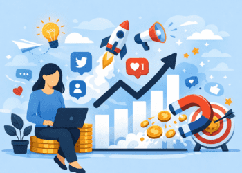 Woman working on a laptop surrounded by social media icons and an upward growth chart, symbolizing the answer to Do Authors Need to Post Daily?