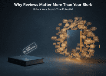 A book glowing with dozens of floating review speech bubbles and star ratings in warm gold, contrasted against a faded blurb tag, illustrating why reviews matter more than blurbs